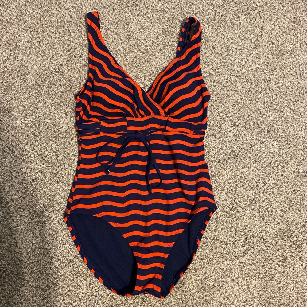 Tommy Bahama Navy & Red Striped Surplice One-Piece Swimsuit